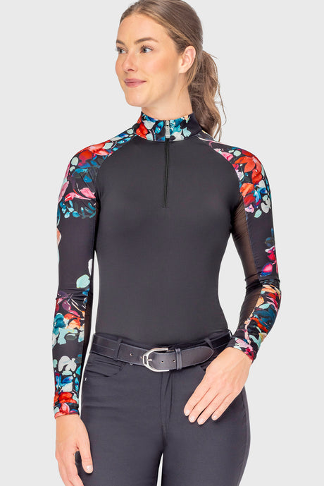 Black Watercolor Floral Long Sleeve Raglan 1/4 Zip Sun Shirt Kastel Denmark