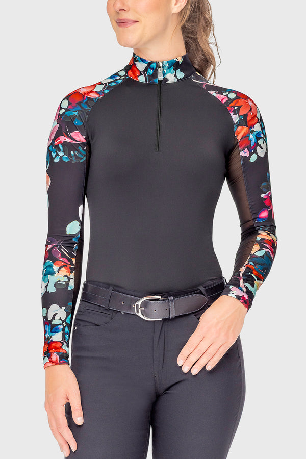 Black Watercolor Floral Long Sleeve Raglan 1/4 Zip Sun Shirt