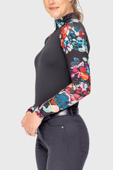Black Watercolor Floral Long Sleeve Raglan 1/4 Zip Sun Shirt