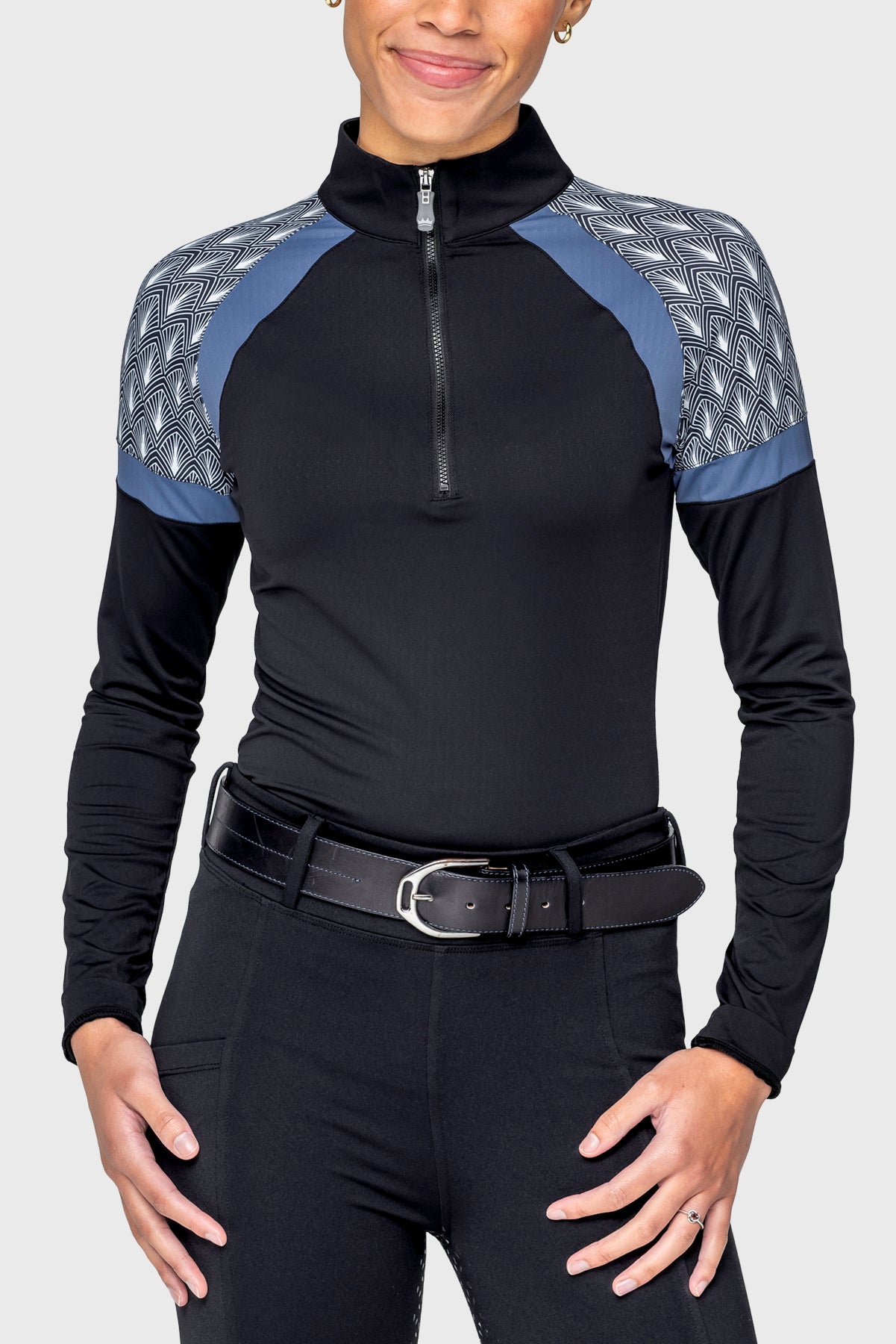 Black Solid W/ Black & White Deco Fans & Pacific Blue Panels Long Sleeve 1/4 Zip Sun Shirt Kastel Denmark