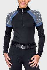 Black Solid W/ Black & White Deco Fans & Pacific Blue Panels Long Sleeve 1/4 Zip Sun Shirt Kastel Denmark