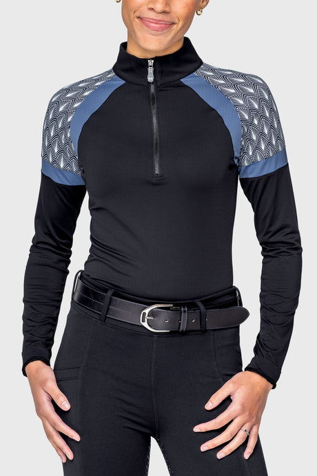Black Solid W/ Black & White Deco Fans & Pacific Blue Panels Long Sleeve 1/4 Zip Sun Shirt Kastel Denmark