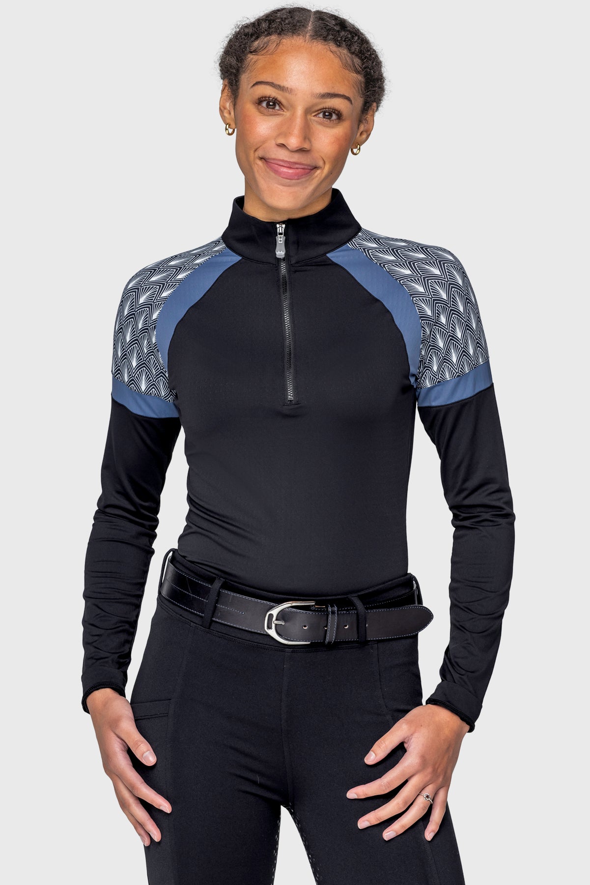 Black Solid W/ Black & White Deco Fans & Pacific Blue Panels Long Sleeve 1/4 Zip Sun Shirt Kastel Denmark