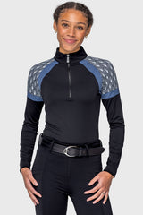 Black Solid W/ Black & White Deco Fans & Pacific Blue Panels Long Sleeve 1/4 Zip Sun Shirt Kastel Denmark