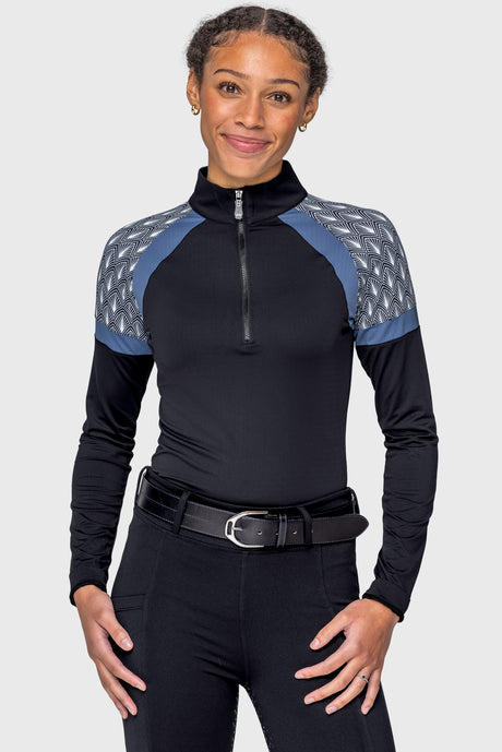 Black Solid W/ Black & White Deco Fans & Pacific Blue Panels Long Sleeve 1/4 Zip Sun Shirt Kastel Denmark
