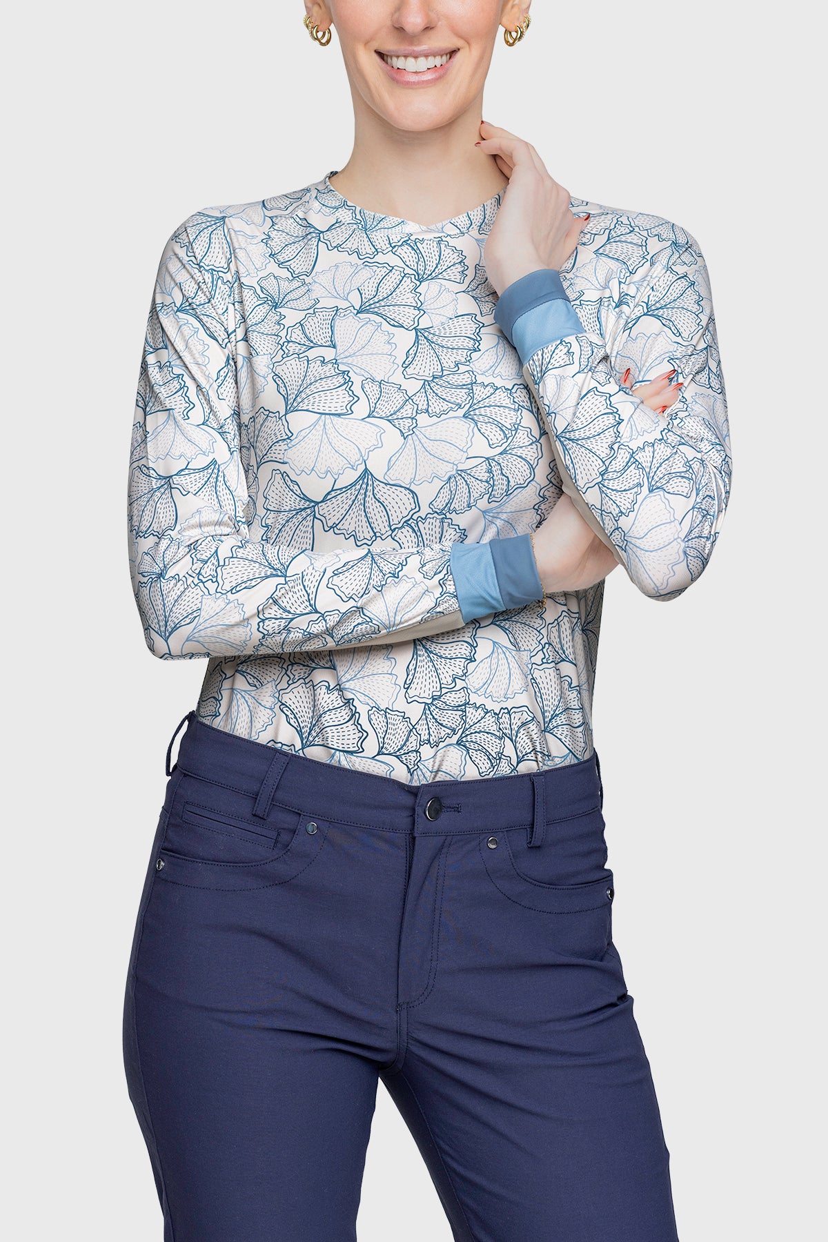 Chambray Blue Poppies Crewneck Long Sleeve Shirt w/Striped Cuff - [Kastel]