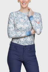 Chambray Blue Poppies Crewneck Long Sleeve Shirt w/Striped Cuff - [Kastel]