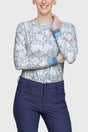 Chambray Blue Poppies Crewneck Long Sleeve Shirt w/Striped Cuff - [Kastel]