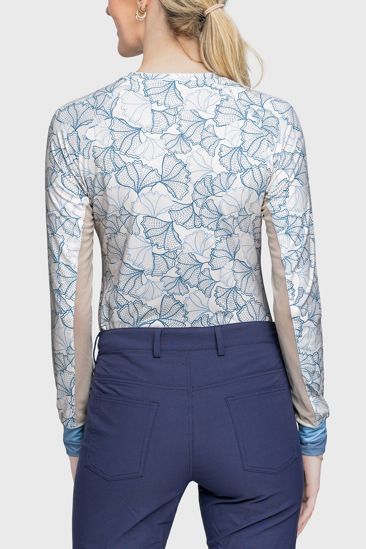Chambray Blue Poppies Crewneck Long Sleeve Shirt w/Striped Cuff - [Kastel]