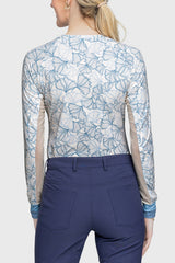 Chambray Blue Poppies Crewneck Long Sleeve Shirt w/Striped Cuff - [Kastel]