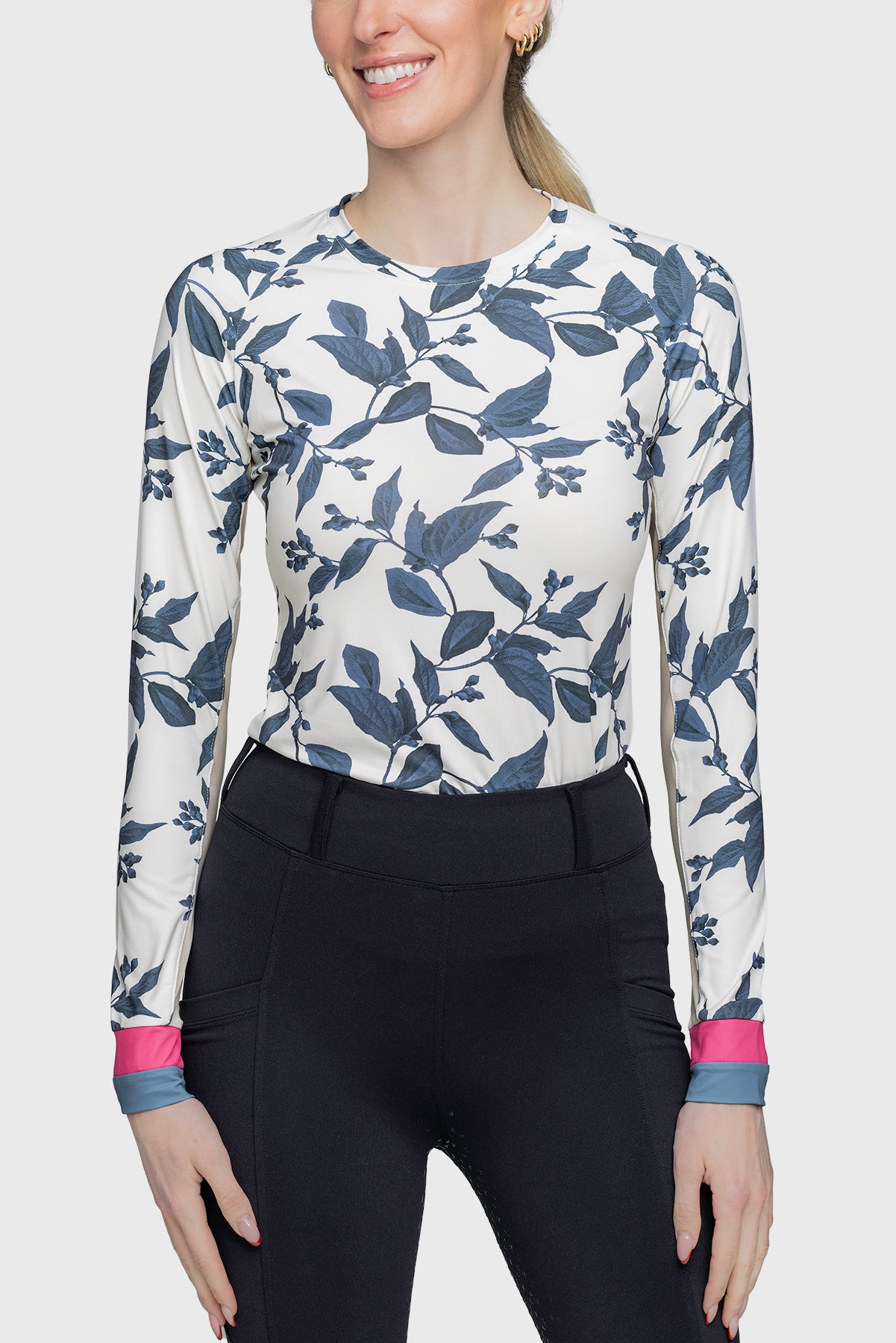 Indigo Lithograph Leaf Long Sleeve Crewneck Shirt w/Striped Cuff - [Kastel]