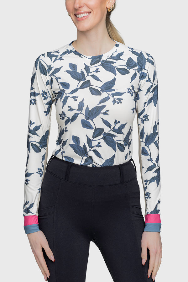 Indigo Lithograph Leaf Long Sleeve Crewneck Shirt w/Striped Cuff