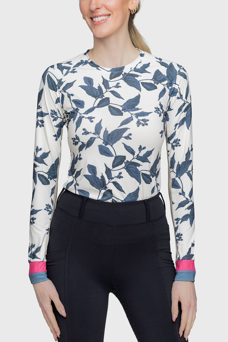 Indigo Lithograph Leaf Long Sleeve Crewneck Shirt w/Striped Cuff