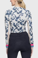 Indigo Lithograph Leaf Long Sleeve Crewneck Shirt w/Striped Cuff - [Kastel]