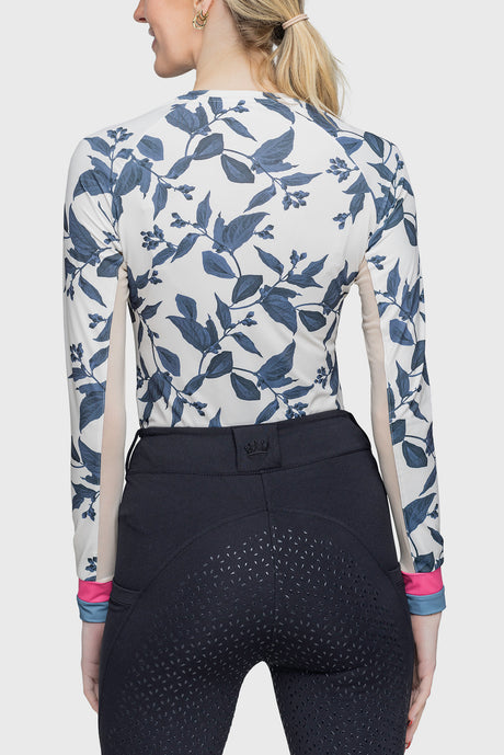Indigo Lithograph Leaf Long Sleeve Crewneck Shirt w/Striped Cuff - [Kastel]