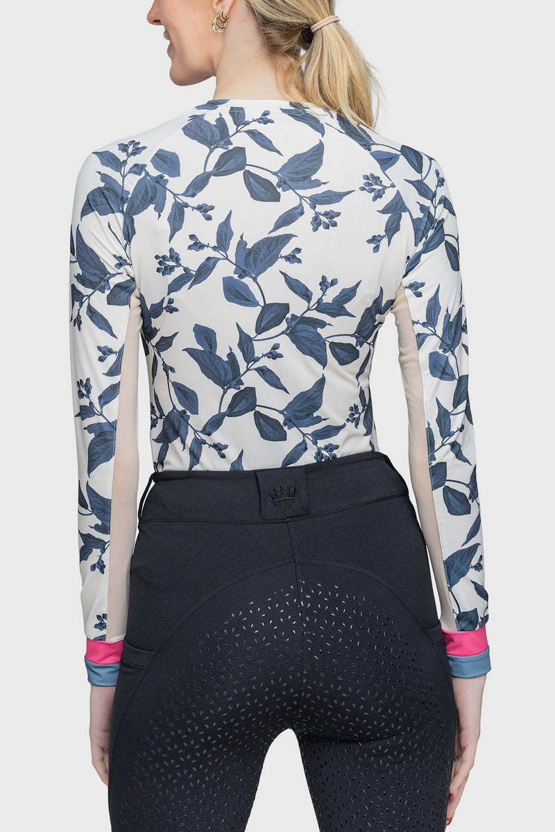 Indigo Lithograph Leaf Long Sleeve Crewneck Shirt w/Striped Cuff