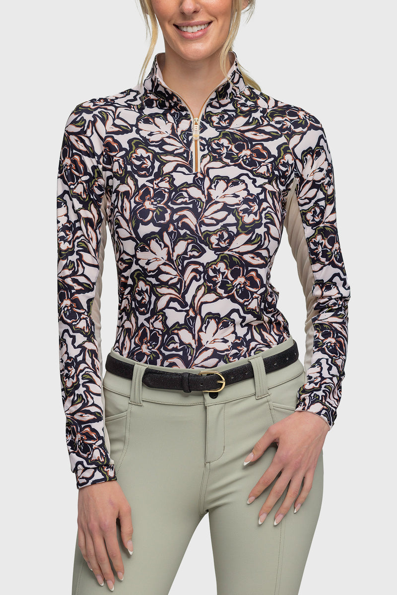 Long Sleeve Cream & Black Floral With Rose Gold 1/4 Zip