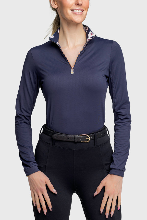 Long Sleeve Navy Solid With Floral Print Collar and Cuffs and Rose Gold 1/4 Zip-Kastel Denmark US