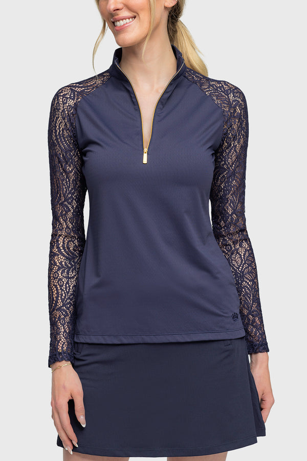 Navy Floral Lace Long Sleeve Sun Shirt - [Kastel]