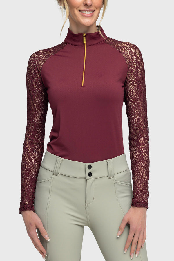 Long Sleeve Tawny Port Lace Raglan with Gold 1/4 Zip