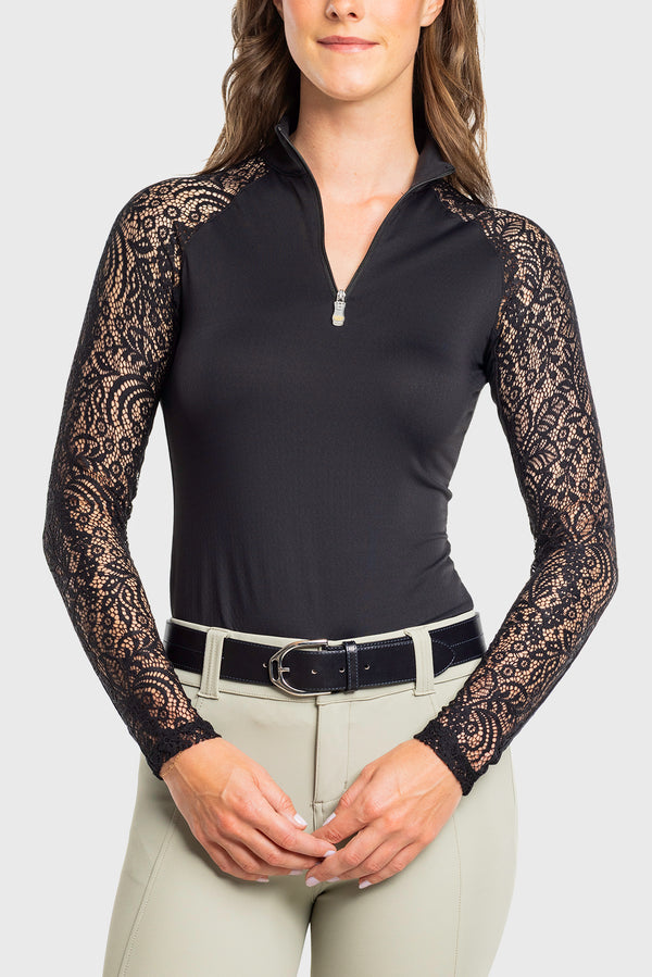 Black Floral Lace Raglan Long Sleeve 1/4 Zip Sun Shirt