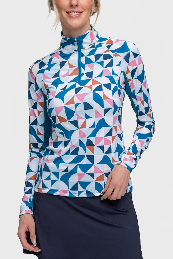 Long Sleeve Turquoise Painterly Geometric 1/4 Zip