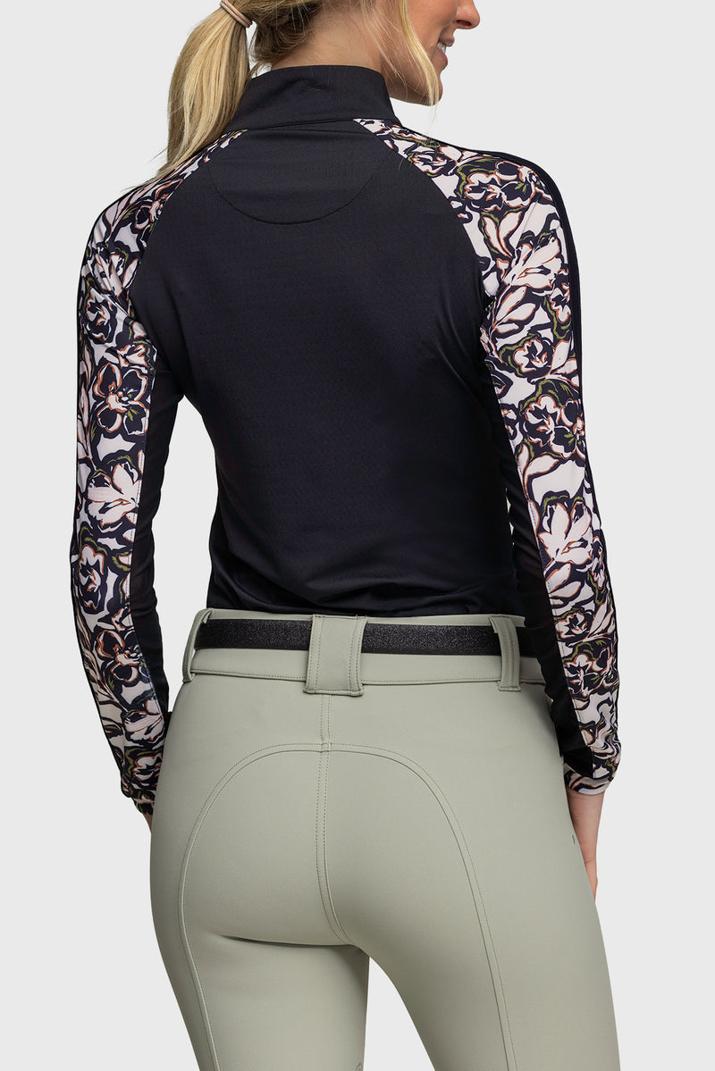 Long Sleeve Raglan Black & Cream Floral With Trim and  Rose Gold 1/4 Zip