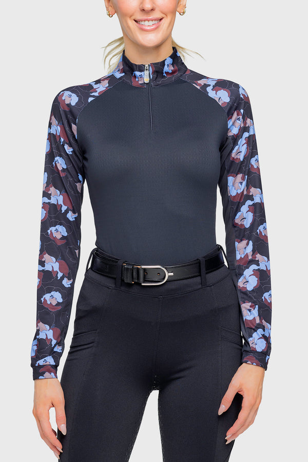 Long Sleeve Raglan Black Floral 1/4 Zip Shirt - [Kastel]