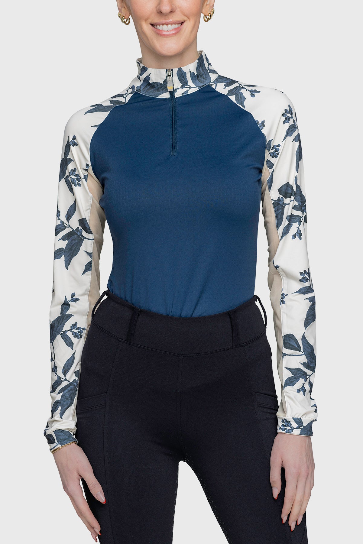 Indigo Lithograph Leaf Long Sleeve Raglan 1/4 Zip Shirt - [Kastel]