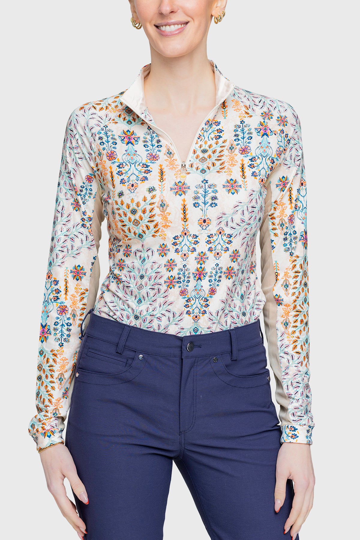Coral Block Print Floral 1/4 Zip Long Sleeve Shirt - [Kastel]