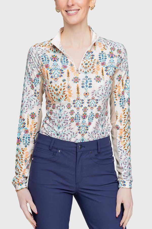 Coral Block Print Floral 1/4 Zip Long Sleeve Shirt