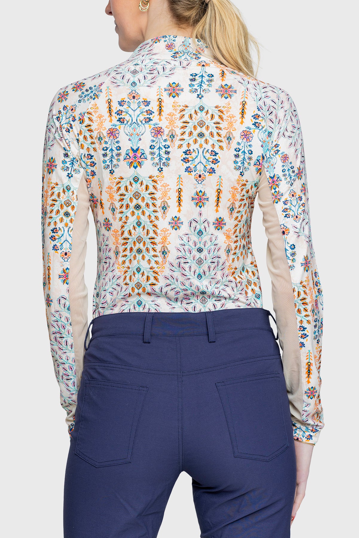 Coral Block Print Floral 1/4 Zip Long Sleeve Shirt - [Kastel]