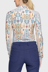 Coral Block Print Floral 1/4 Zip Long Sleeve Shirt - [Kastel]