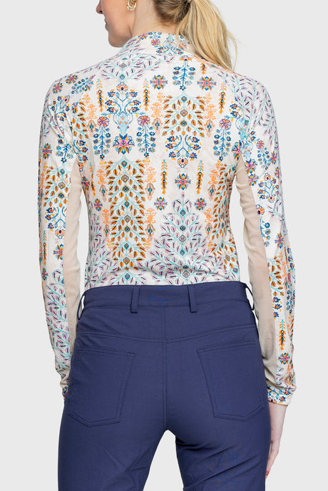 Coral Block Print Floral 1/4 Zip Long Sleeve Shirt - [Kastel]