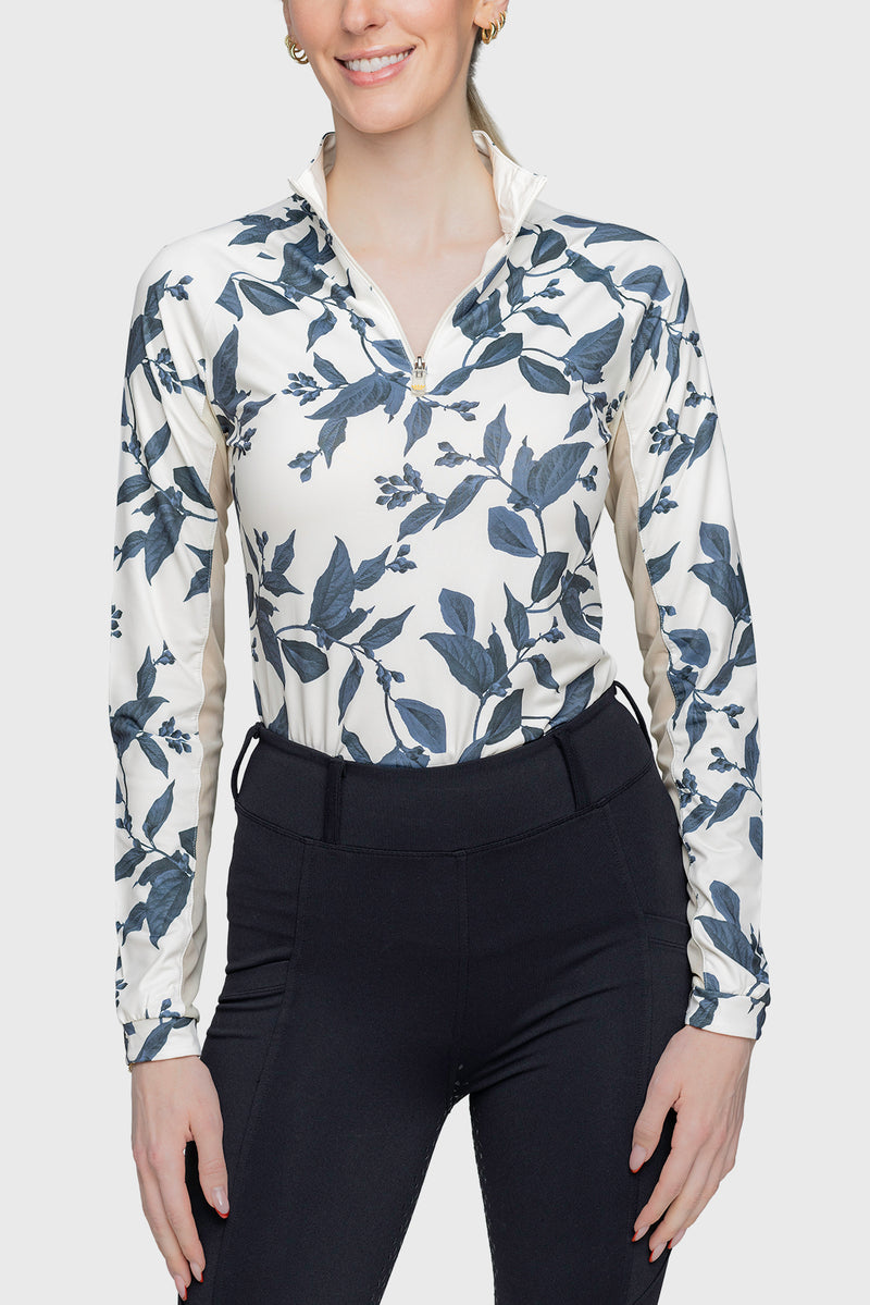 Indigo Lithograph Leaf 1/4 Zip Long Sleeve Shirt