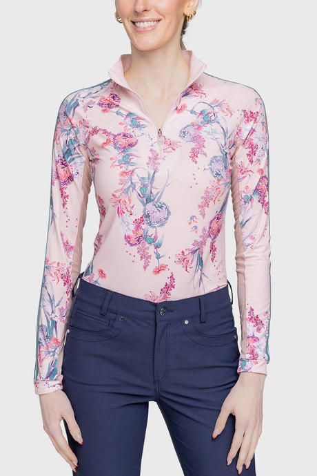 Pink Tea Garden 1/4 Zip Long Sleeve Shirt w/Striped Trim - [Kastel]