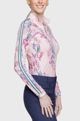 Pink Tea Garden 1/4 Zip Long Sleeve Shirt w/Striped Trim - [Kastel]