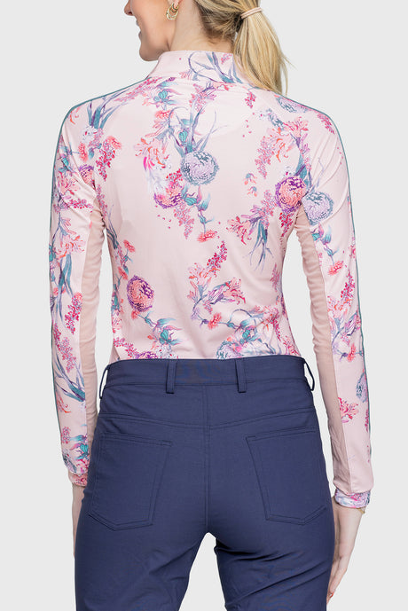 Pink Tea Garden 1/4 Zip Long Sleeve Shirt w/Striped Trim - [Kastel]