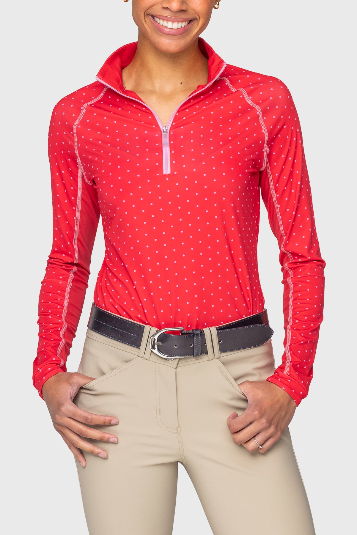 Red & Pink Swiss Dot w/ Contrast Pink Stitching and Zipper Long Sleeve 1/4 Zip Sun Shirt Kastel Denmark US