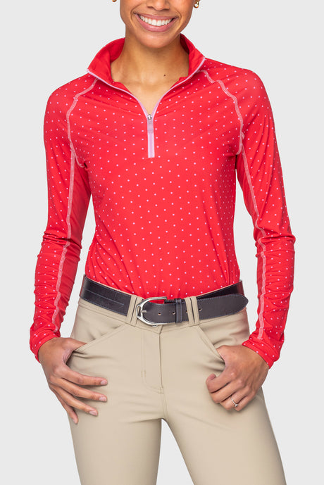 Red & Pink Swiss Dot w/ Contrast Pink Stitching and Zipper Long Sleeve 1/4 Zip Sun Shirt Kastel Denmark US