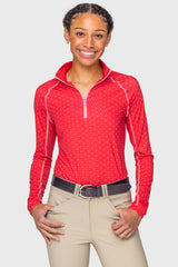 Red & Pink Swiss Dot w/ Contrast Pink Stitching and Zipper Long Sleeve 1/4 Zip Sun Shirt Kastel Denmark US