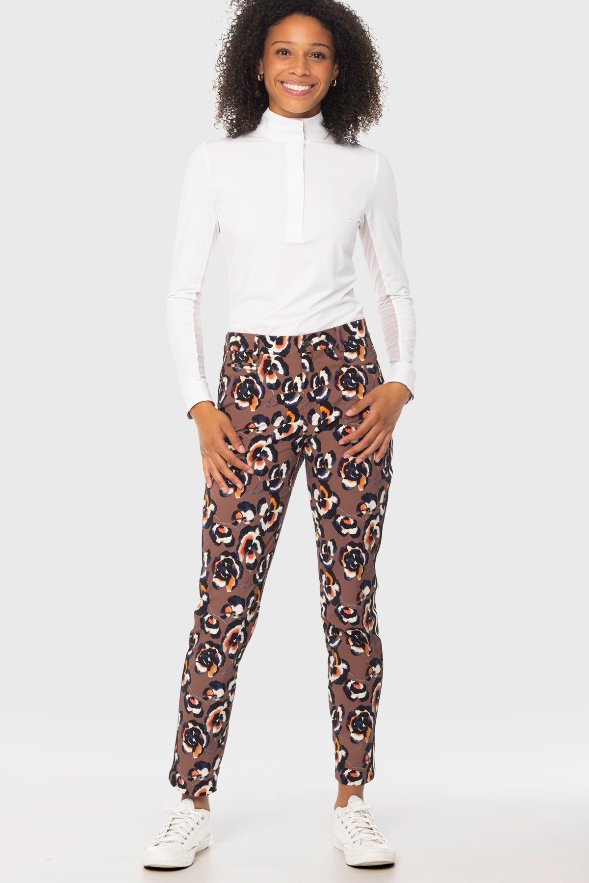 Chocolate Brown Pansies Tailored Active Pant w/ Black & White Striped Trim Kastel Denmark US