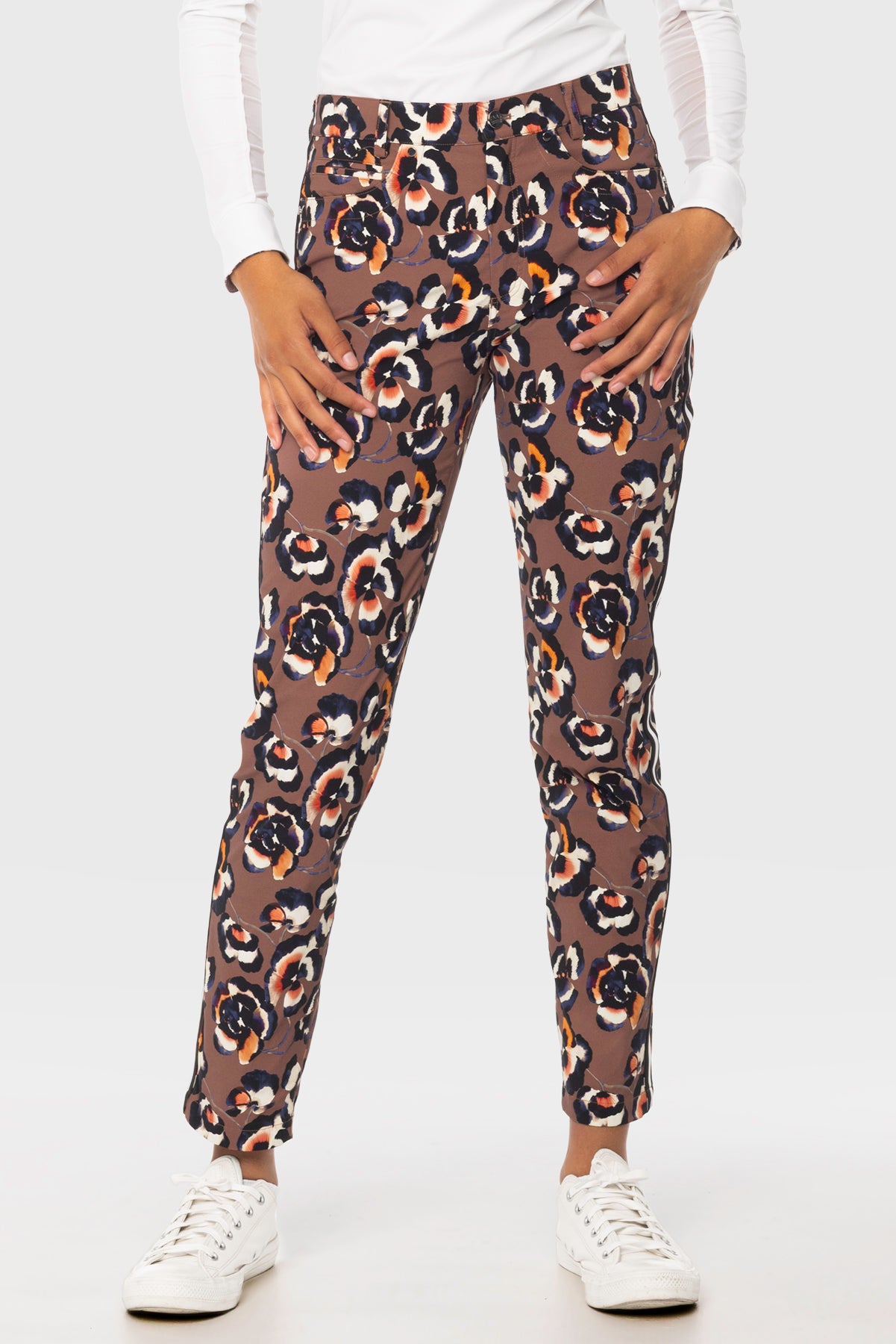 Chocolate Brown Pansies Tailored Active Pant w/ Black & White Striped Trim Kastel Denmark US