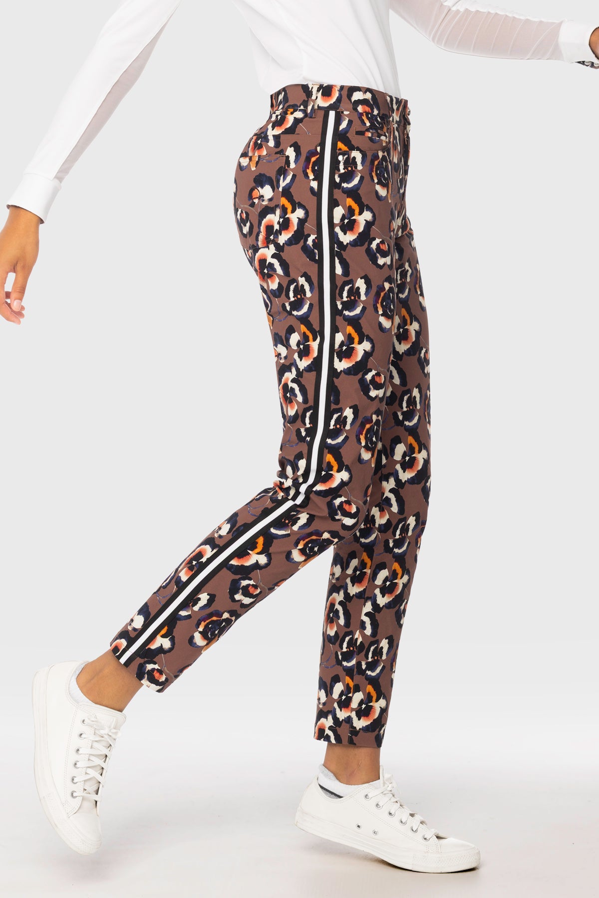 Chocolate Brown Pansies Tailored Active Pant w/ Black & White Striped Trim Kastel Denmark US
