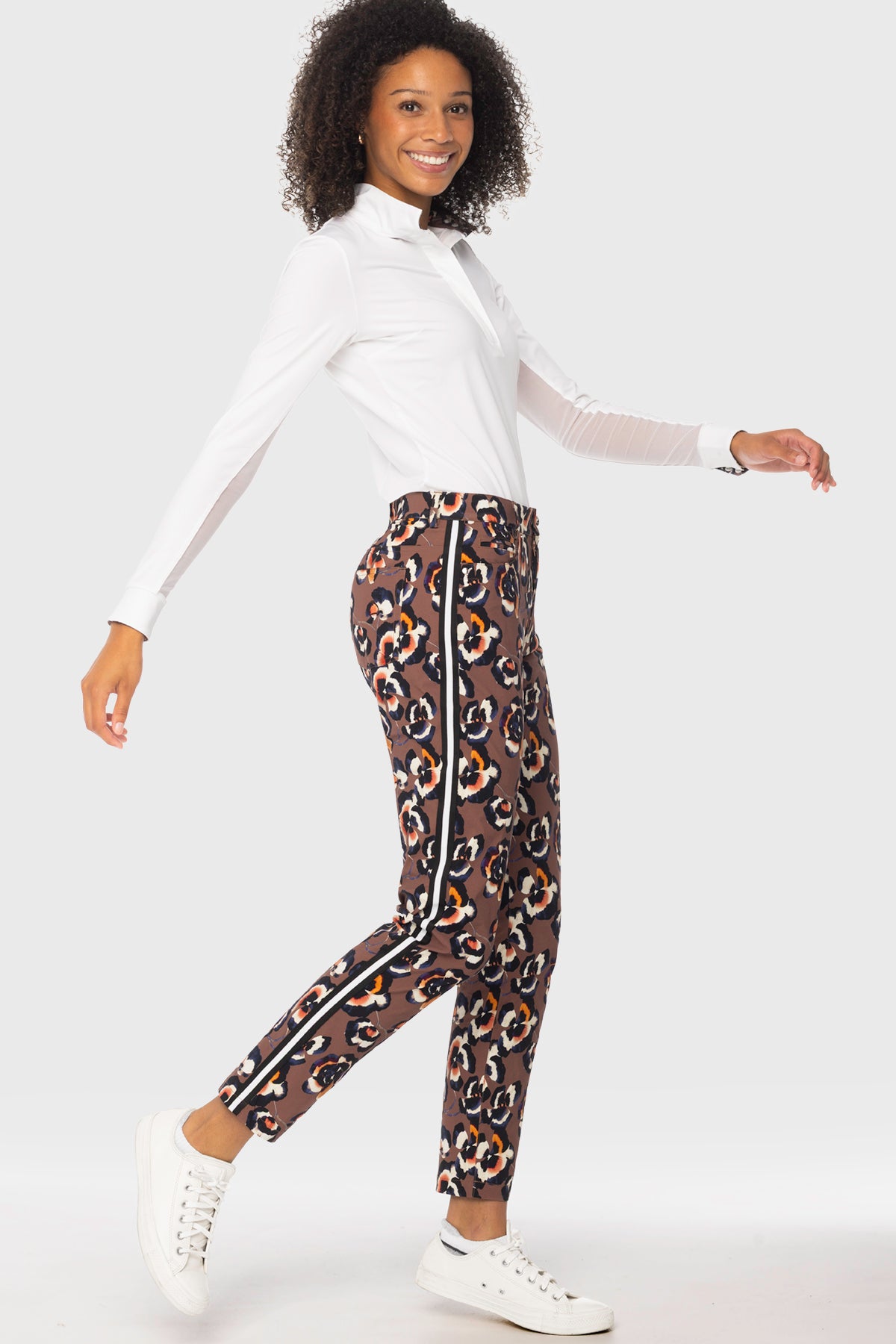 Long Sleeve Chocolate Brown Pansies 1/4 Zip Tailored Shirt w/Inner Print Kastel Denmark US