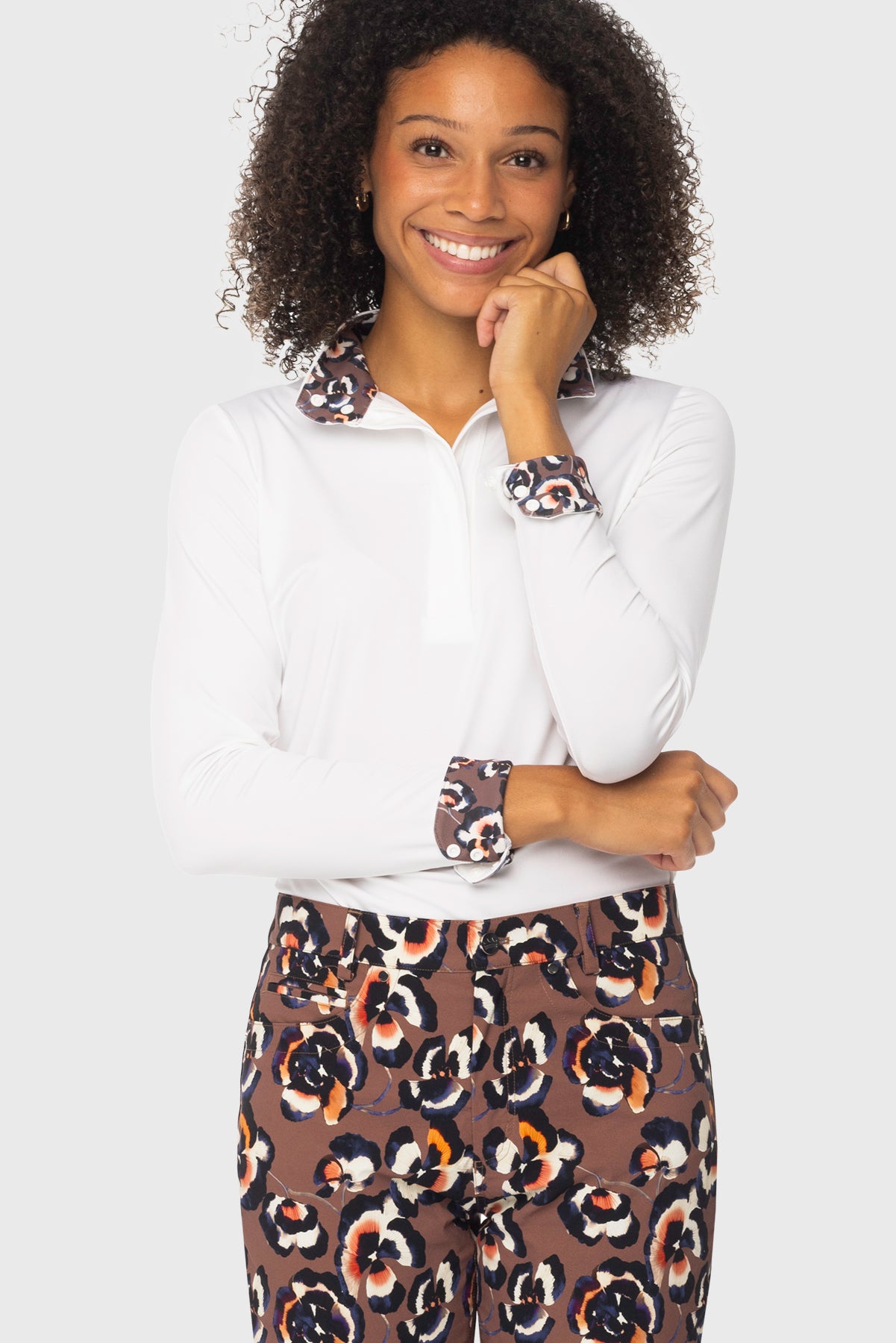 Long Sleeve Chocolate Brown Pansies 1/4 Zip Show Shirt w/Inner Print Kastel Denmark US