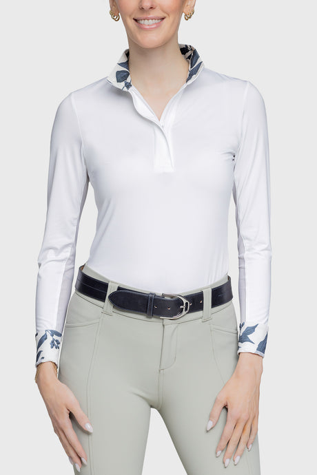 Long Sleeve White Show Shirt/Tailored Shirt with Lithograph Leaf Trim - [Kastel]