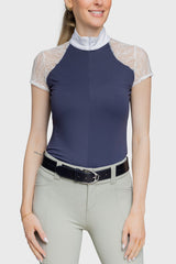Navy & White Lace Cap Sleeve 1/4 Zip Show Shirt - [Kastel]