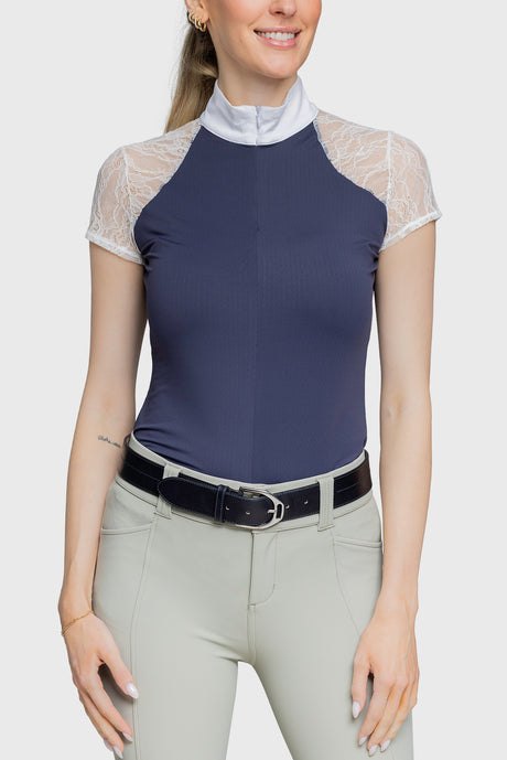 Navy & White Lace Cap Sleeve 1/4 Zip Show Shirt - [Kastel]