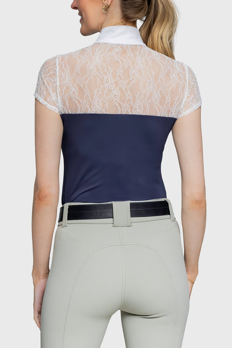 Navy & White Lace Cap Sleeve 1/4 Zip Show Shirt - [Kastel]